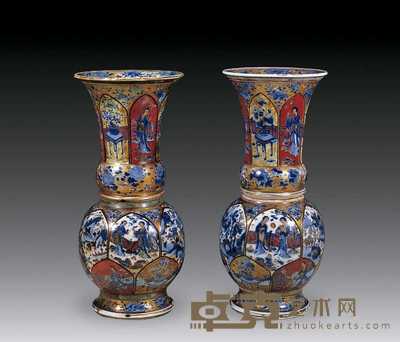 清康熙 青花加彩开光仕女瓶(一对) 高40.5cm